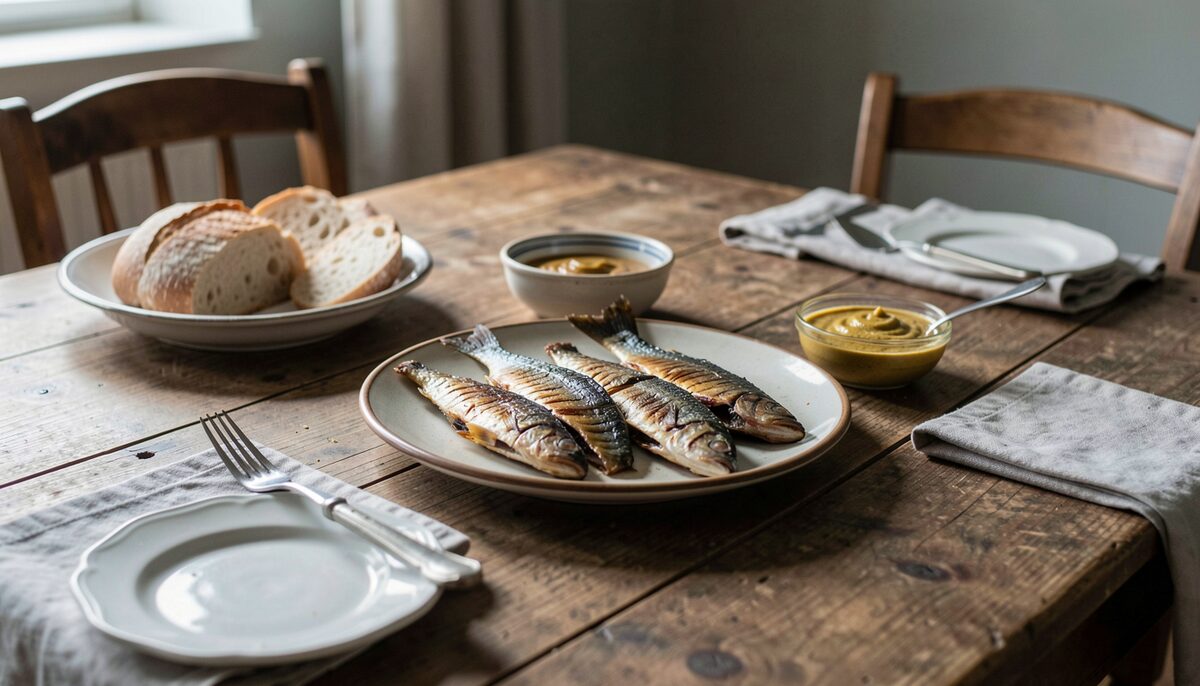 Documentary photo of a rustic Flemish table set with smoked fish, bread, mustard sauce, no people, no text.
